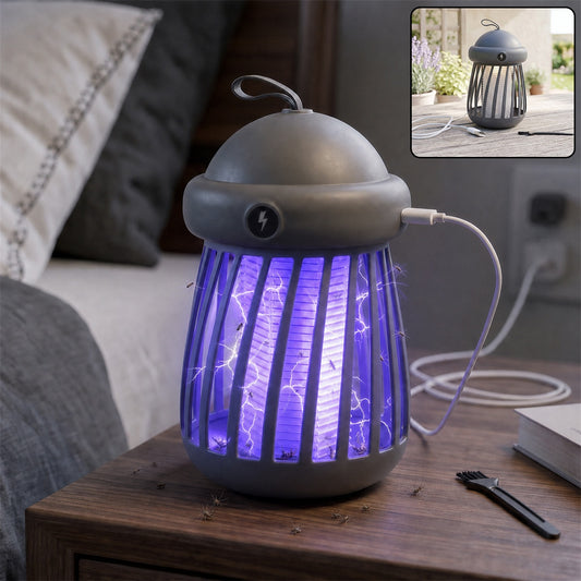 A gray mosquito killer lamp with a purple light and visible electric zaps sits on a wooden nightstand with dead mosquitoes