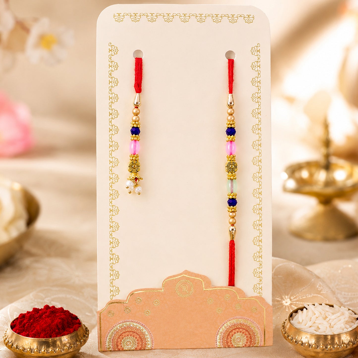 Graceful Floral Cluster Bhai Bhabhi Rakhi with Flower and Pearl Drop for Gifting