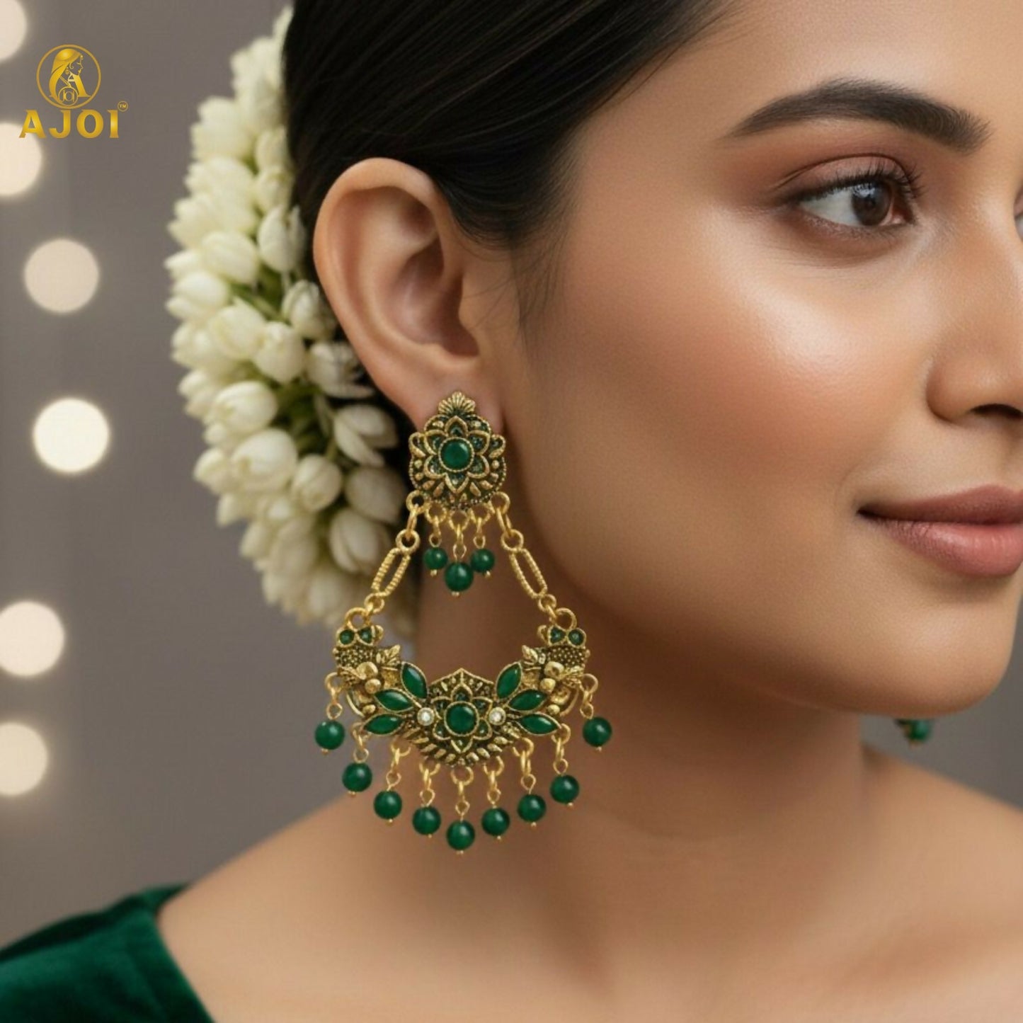Antique Gold-Plated Green Stone Floral Chandbali Earrings for Women