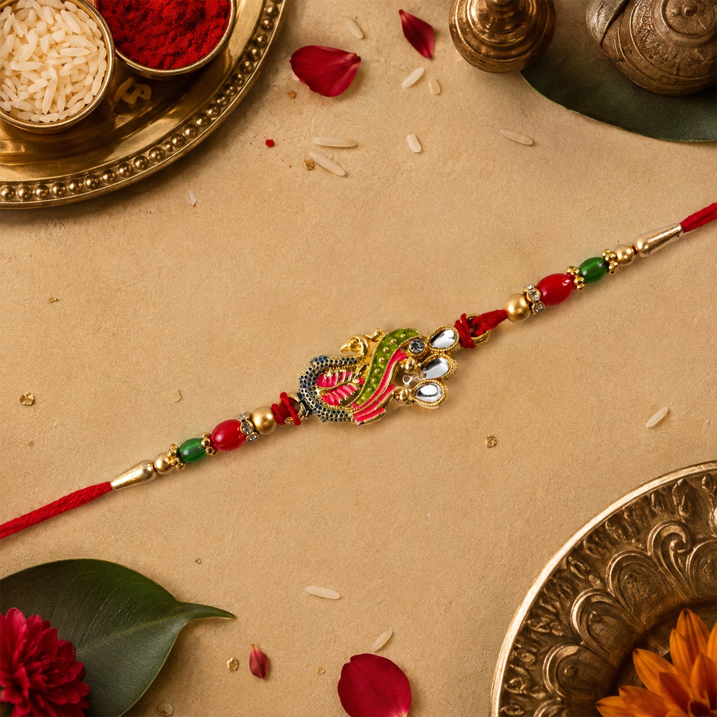 Enamel Peacock Pendant Rakhi with Red and Green Beads