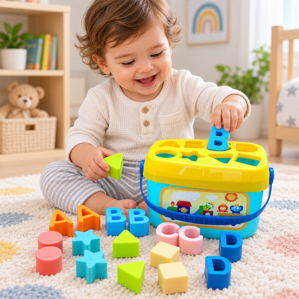 Baby Shape Sorter Toy with Geometric Stacking Blocks (16 Pc)
