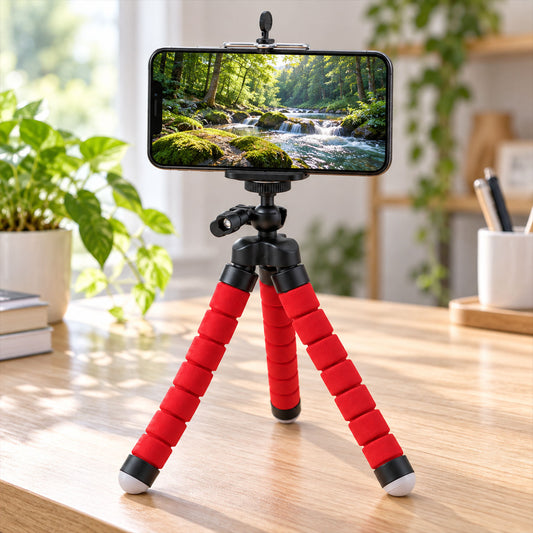 A red and black flexible tripod with a phone holder attached, displaying a vibrant forest scene on a smartphone screen, set