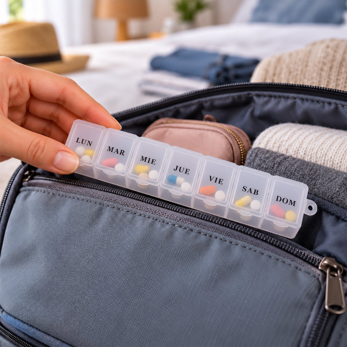 A hand places the translucent 7-day pill organizer, filled with pills, into a gray travel bag.