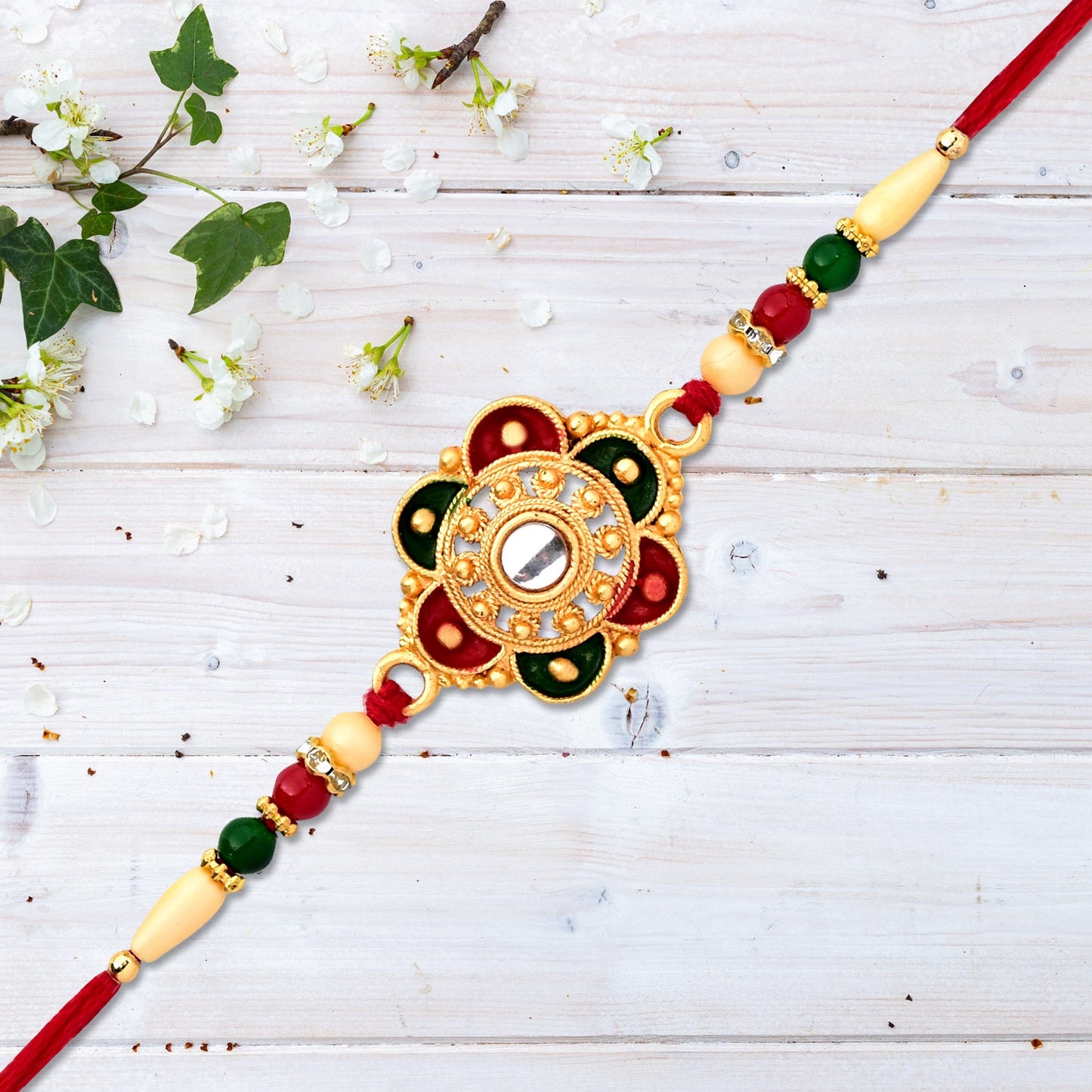 Designer Flower Motif Kundan Rakhi with Beads Rakhi for Brother (5pcs)