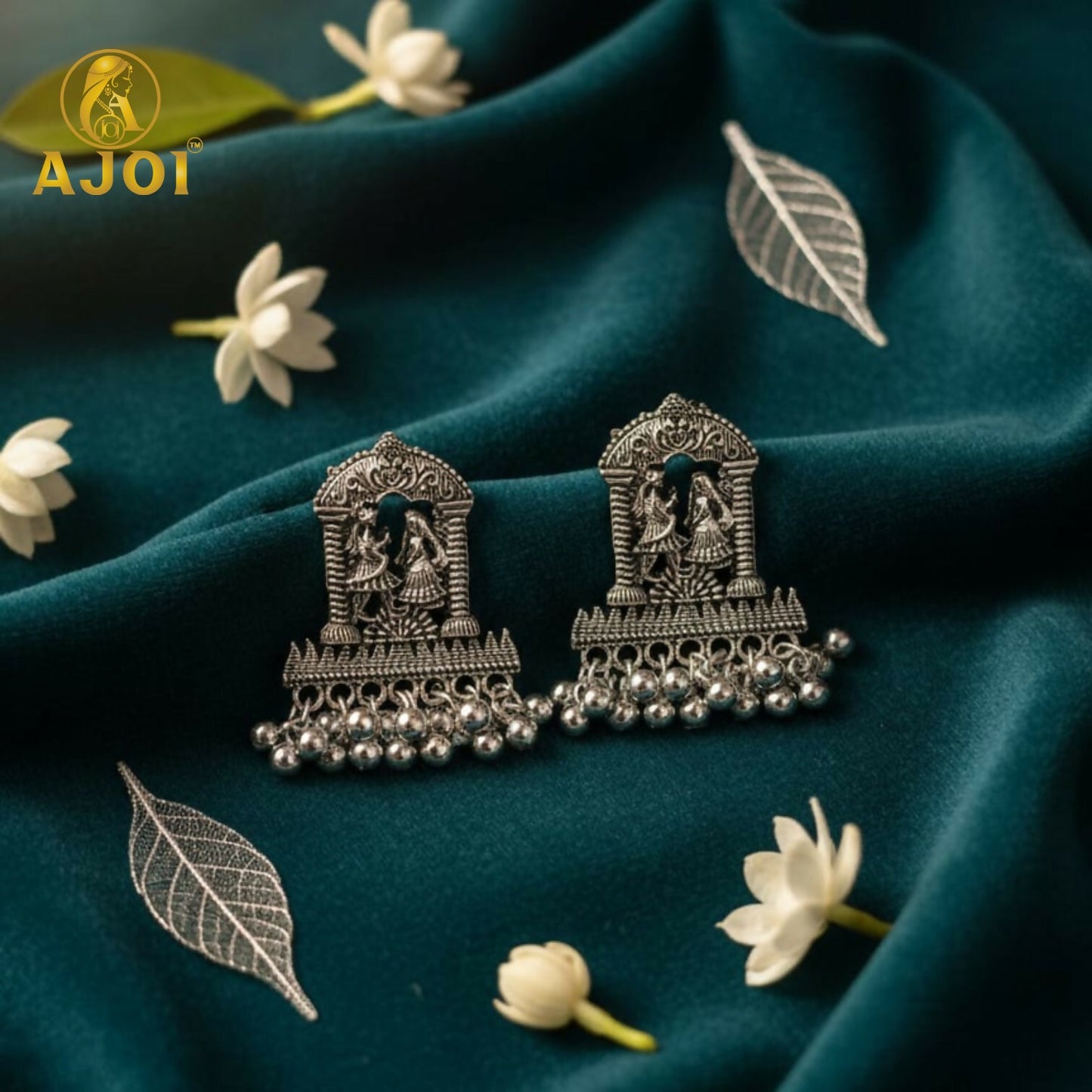 Oxidized Silver Temple Earrings – Handcrafted Radha Krishna Design with Ghungroo Drops