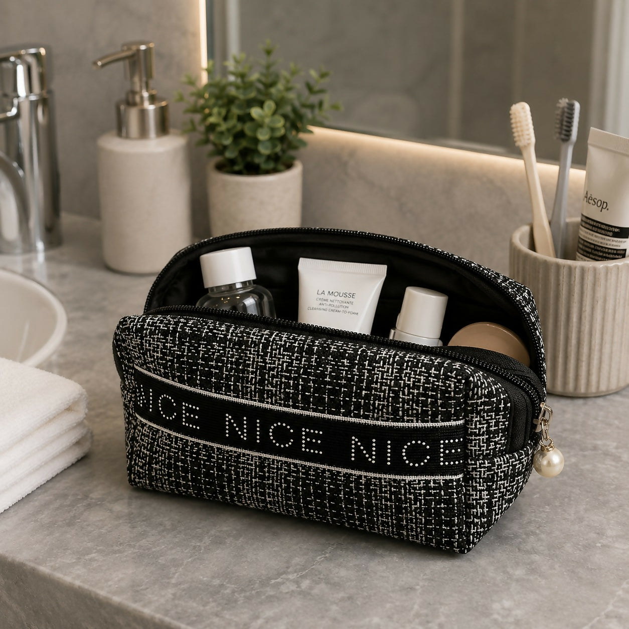Multipurpose makeup organizer pouch with textured fabric and zipper