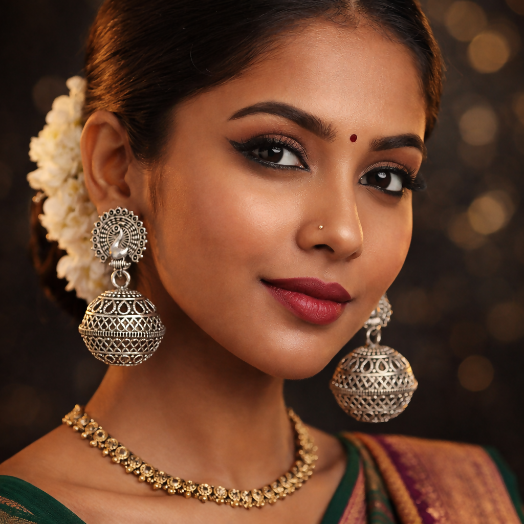 Side angle showing handcrafted peacock jhumka earrings in oxidised silver