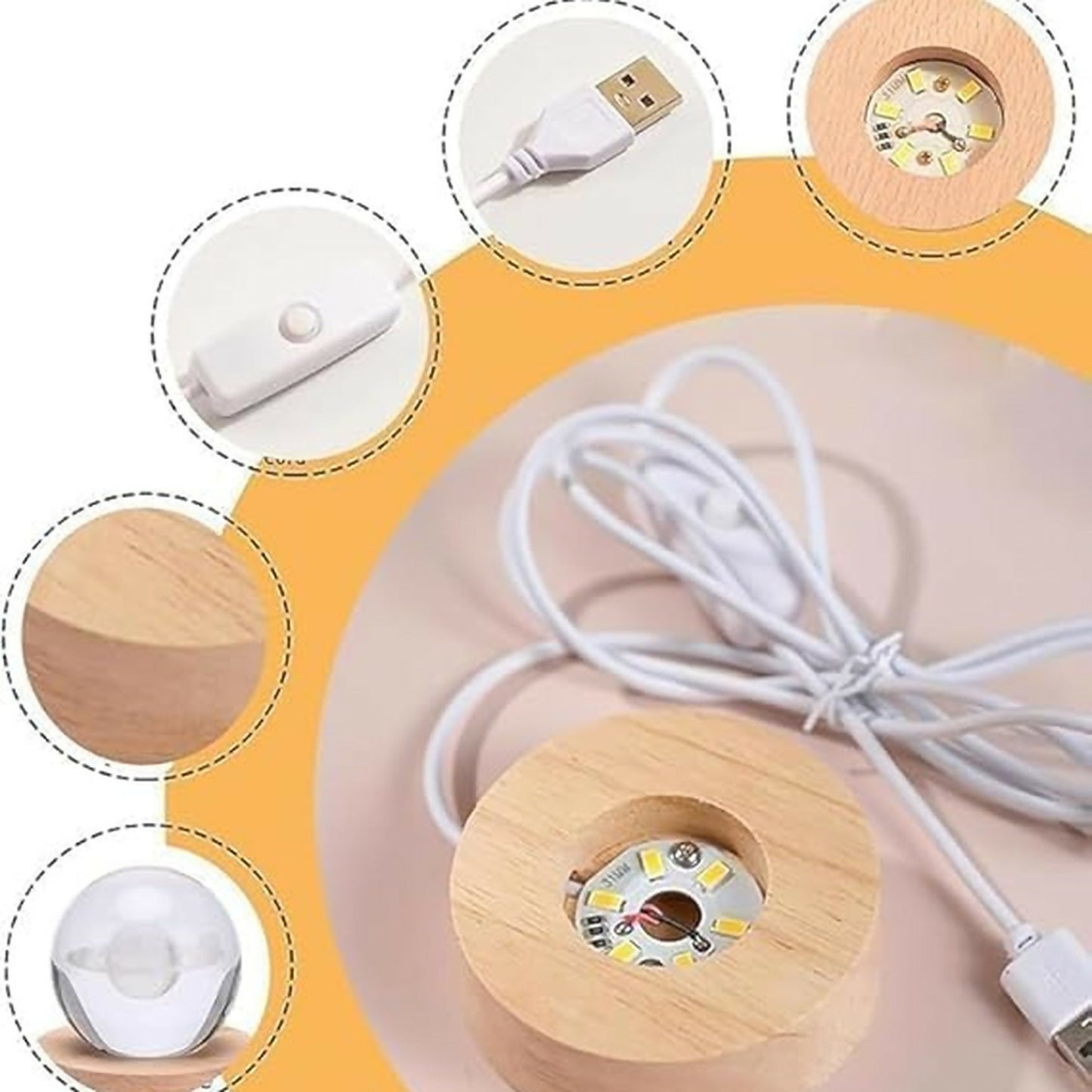 3D Crystal Moon Night Lamp with Wooden Base, USB Powered Decorative Light