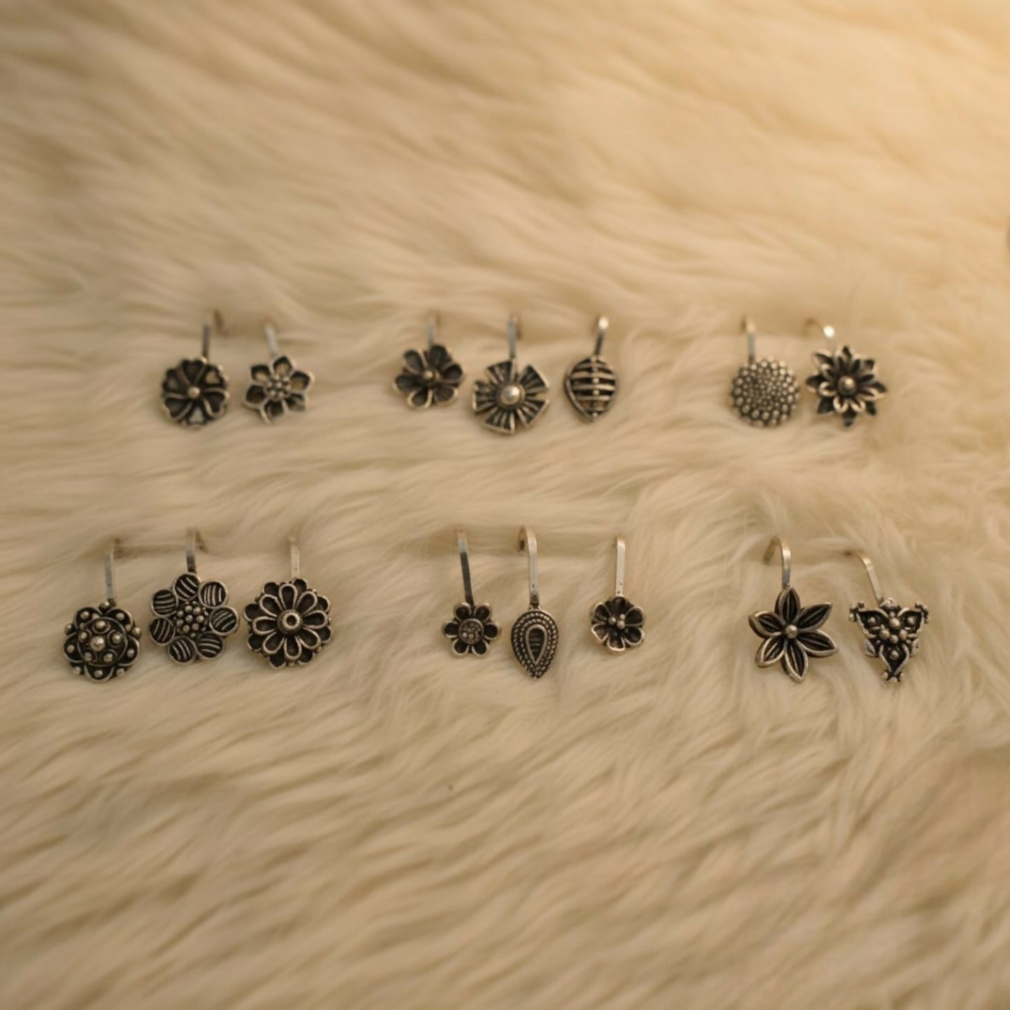 Oxidized Silver Traditional Floral Nose Pins Combo for Women & Girls (Pack of 15)