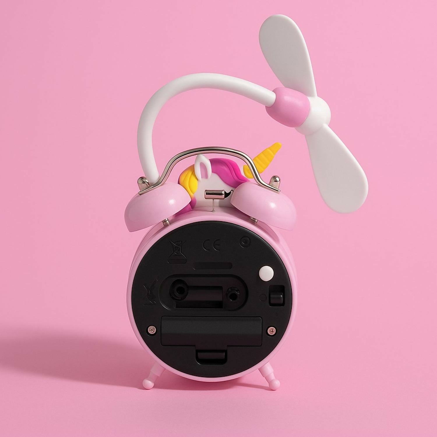 Unicorn Design Pink Alarm Clock with Cute Fan | Kids Table Clock with Night Light & Cartoon Unicorn Theme | Silent Quartz Movement, Battery Operated Bedside Clock for Girls Bedroom & Gift