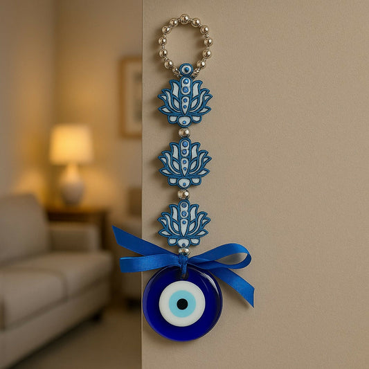 Evil Eye Lotus Wall Hanging with Blue Ribbon | Protective Nazar Battu for Home & Office | Blue Glass Beads & Metal Chain Wall Décor | Traditional Spiritual Feng Shui Vastu Gift