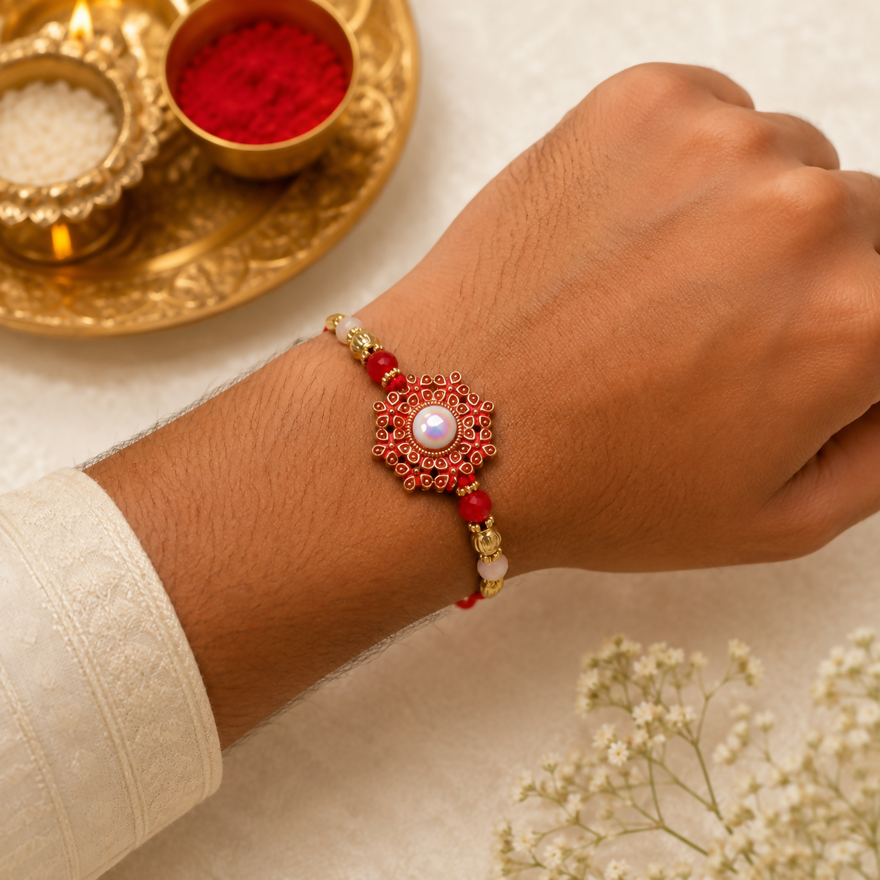 A man's wrist wears a red and gold beaded bracelet with a central red floral medallion and white pearl, with traditional