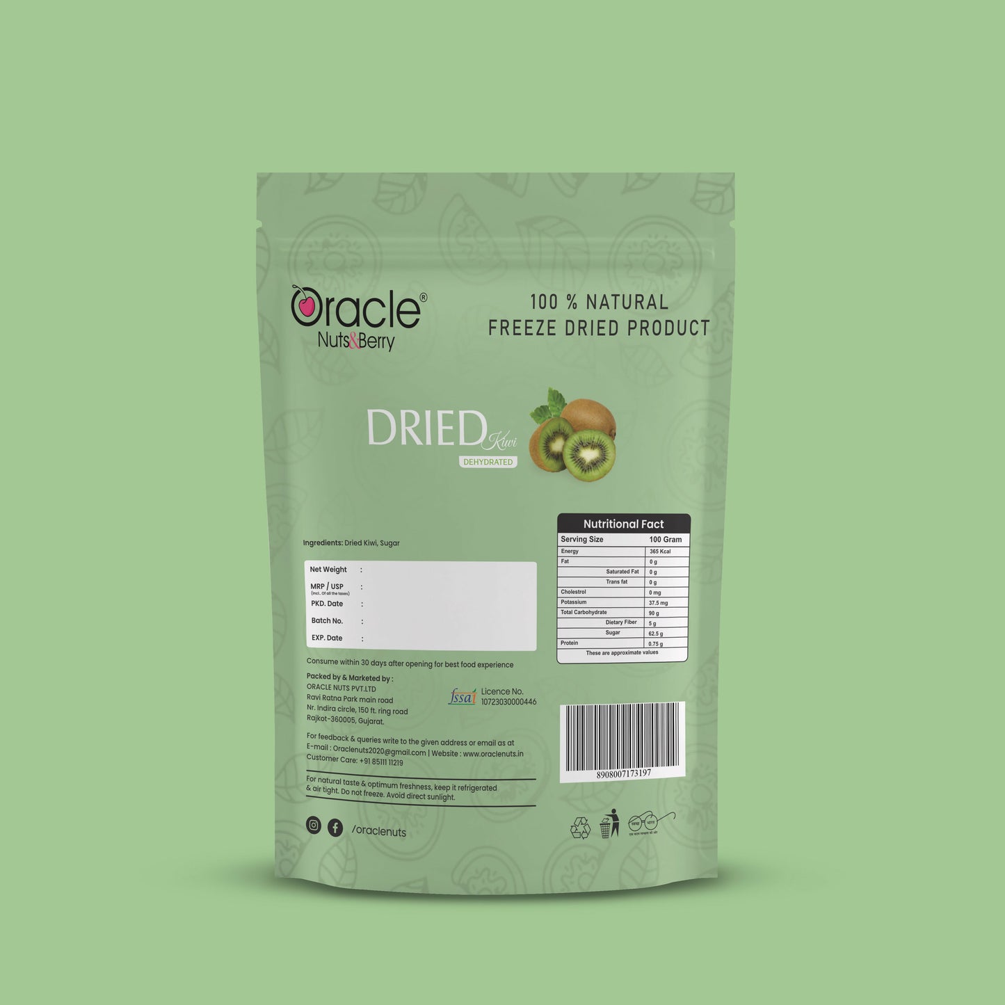 Oracle Dried Kiwi Dehydrated Fruit Snack 250gm Pack Made from Natural Kiwi Slices