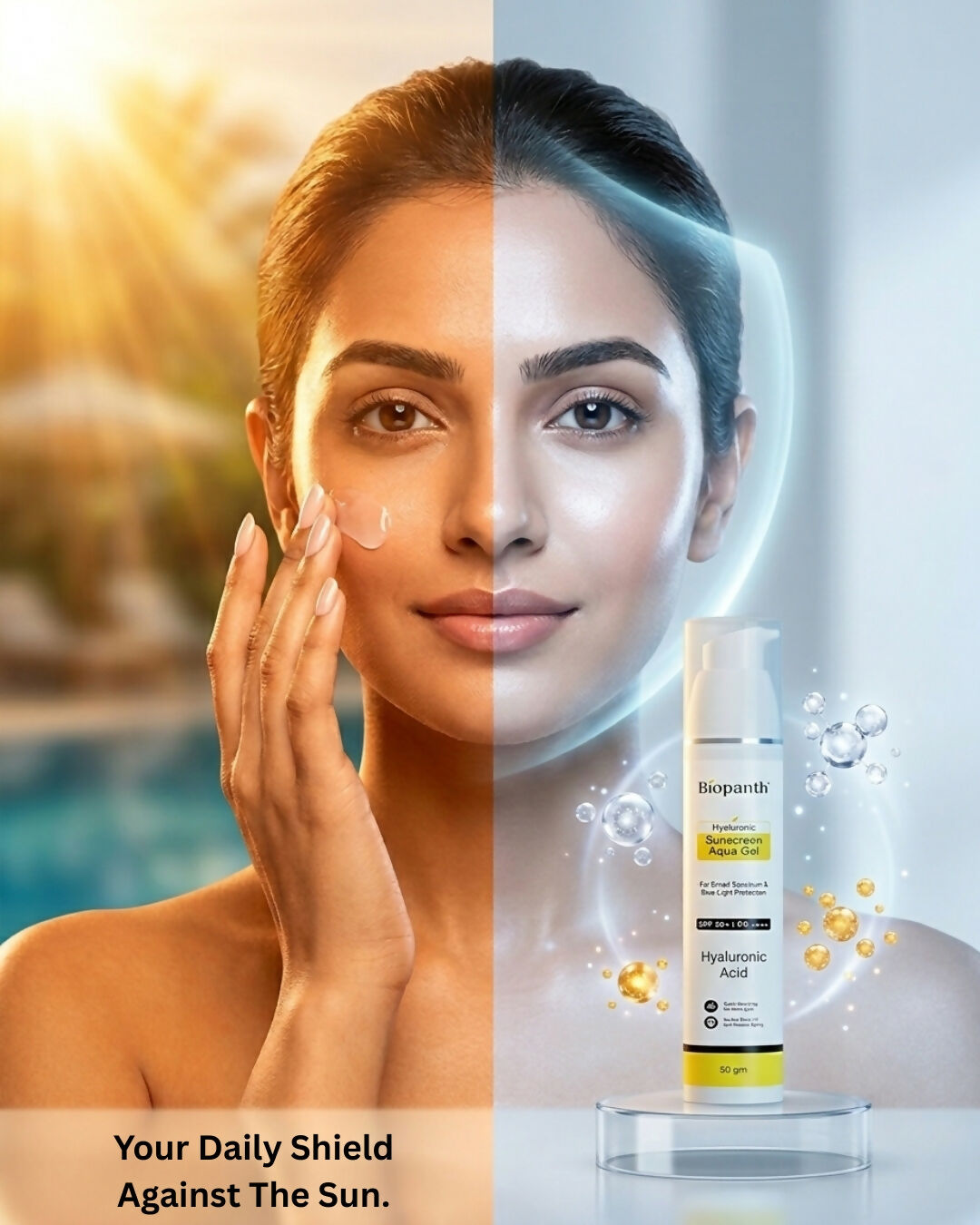 Person with protected skin from pollution using soothing aqua gel sunscreen