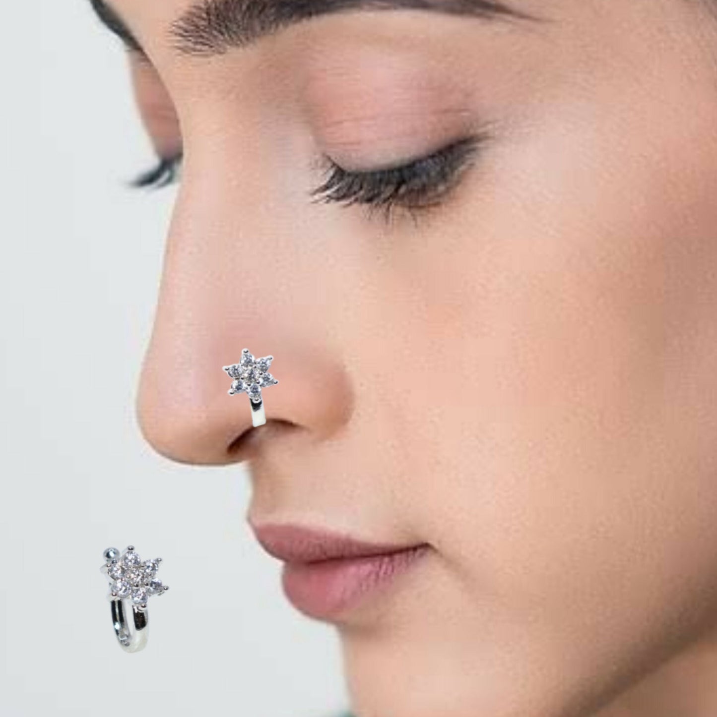 Rhodium Plated Floral Crystal Clip-On Nose Ring Combo Pack of 2