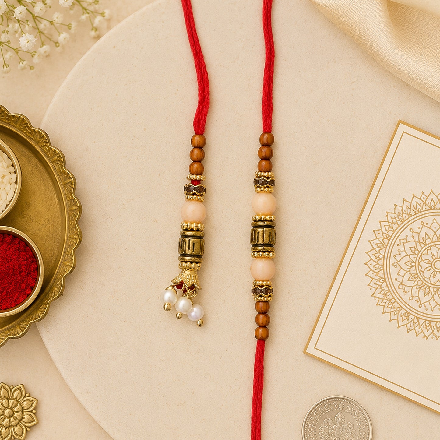 Beaded Minimal Design Bhai Bhabhi Rakhi with Cylinder Beads and Pearls for Gifting