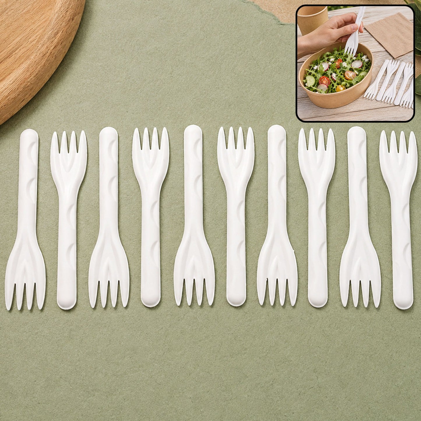 Compostable Bagasse Forks – Strong Eco-Friendly Disposable Cutlery 10-Pack
