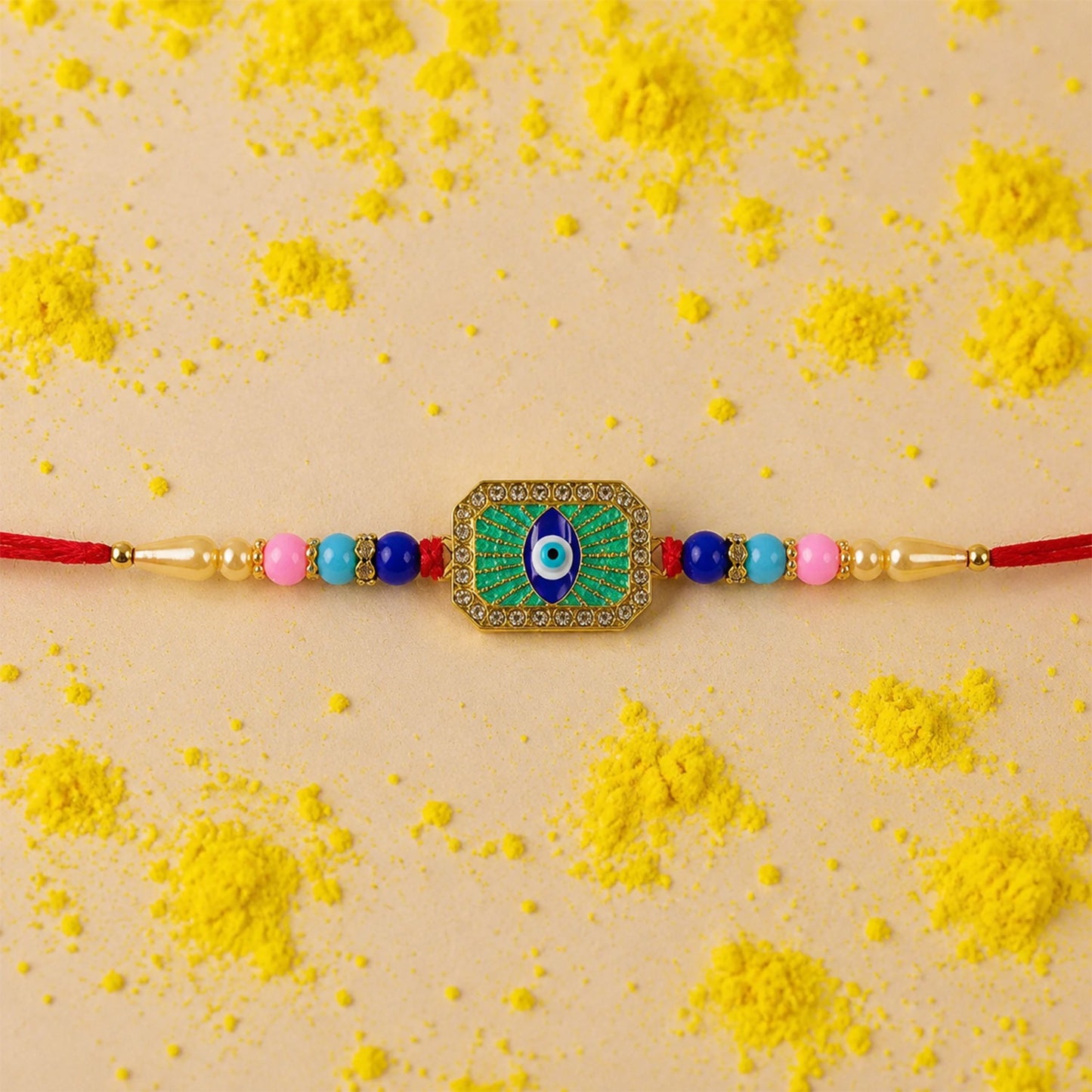 A vibrant Evil Eye Beads Rakhi with colorful beads and intricate detailing.
