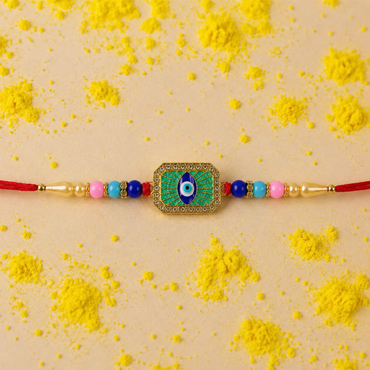 A vibrant Evil Eye Beads Rakhi with colorful beads and intricate detailing.