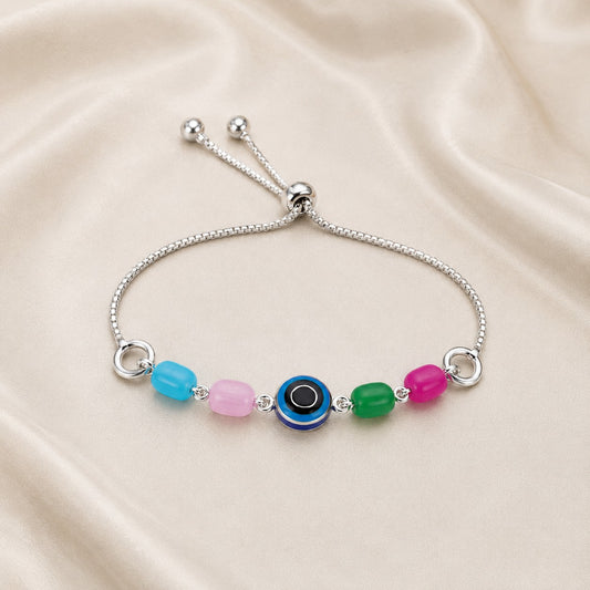 Silver Multi-Color Evil Eye Adjustable Bolo Bracelet with Pastel Enamel / Resin Beads