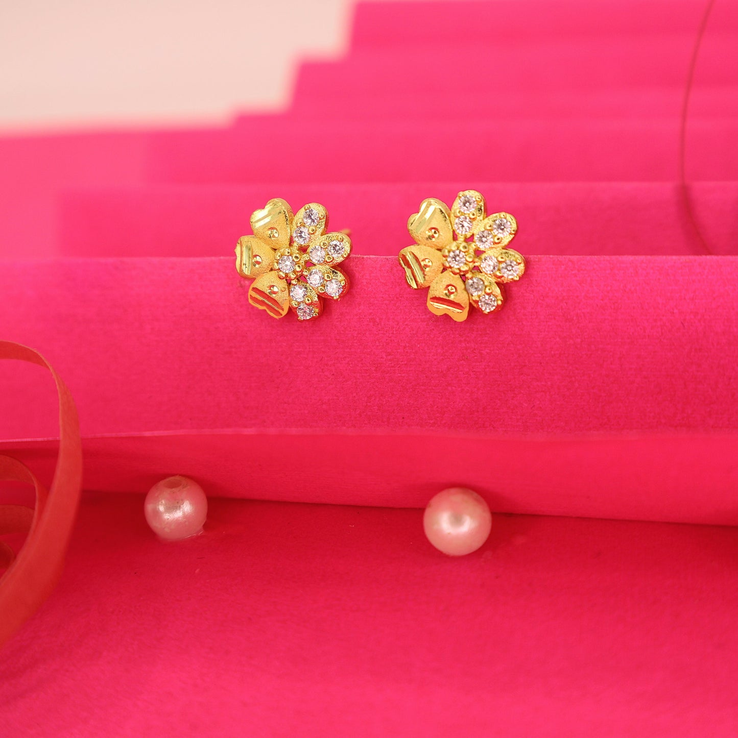 Gold Plated Flower Stud Earrings with AD for women and girls