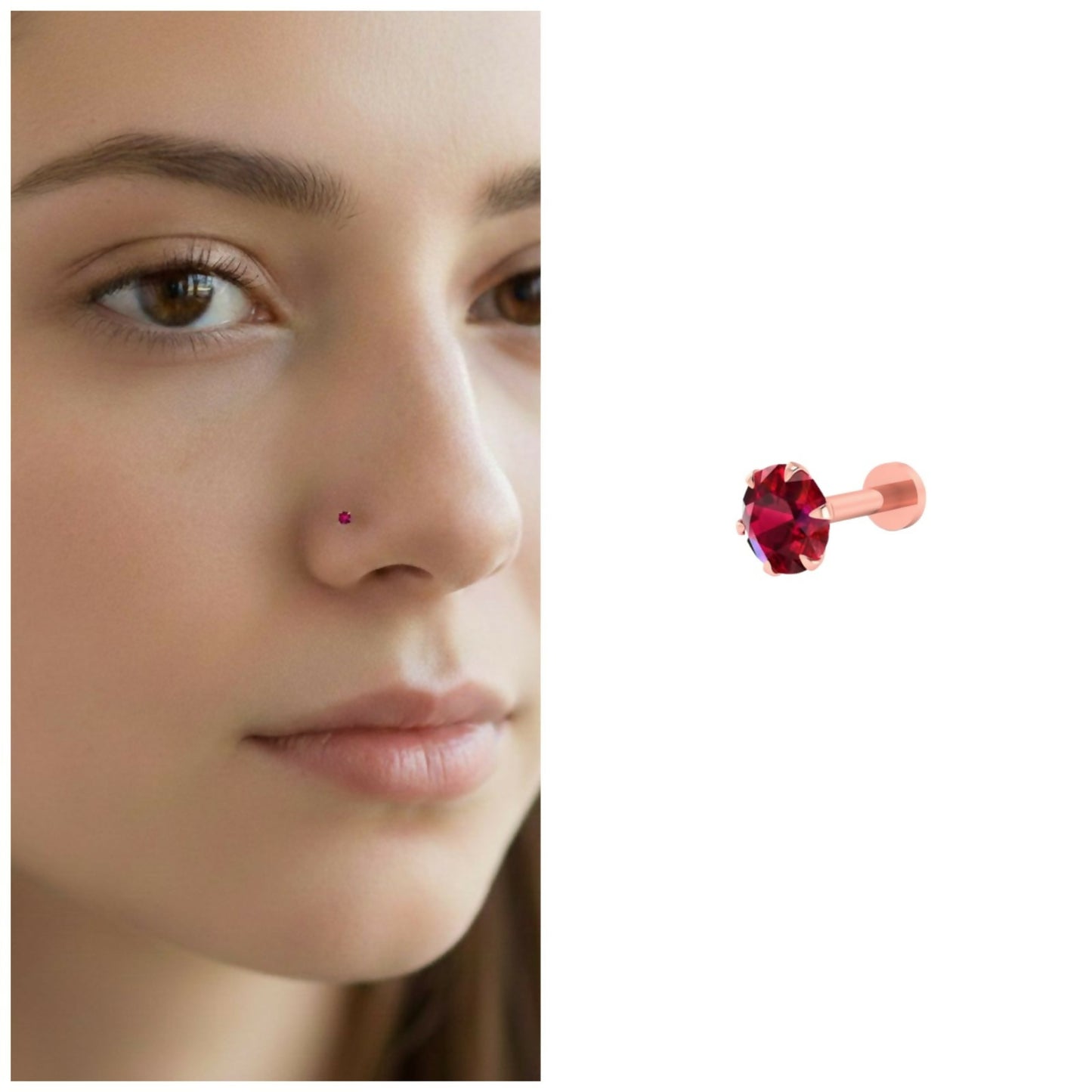 Close-up of rose gold plated ruby nosepin stud showcasing vibrant red gemstone