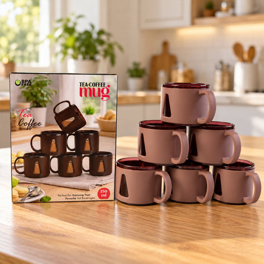 Six brown plastic tea mugs stacked on a wooden table next to their product box in a kitchen setting.