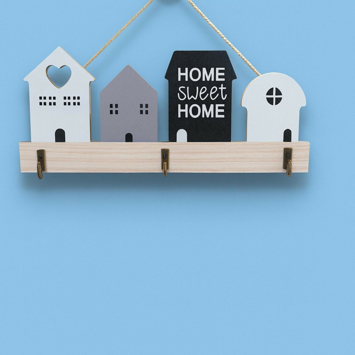 Wooden Wall Mounted Key Holder | Decorative “Home Sweet Home” House-Shaped Key Hanger | 4 Hooks Key Organizer for Wall | Rustic Wooden Wall Décor for Entryway, Living Room, Office & Gifting