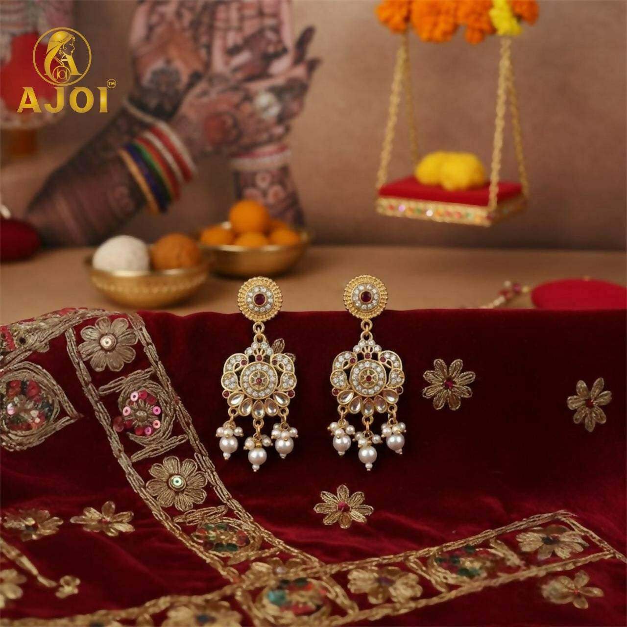 Premium Gold Pearl Traditional Necklace With Earrings.