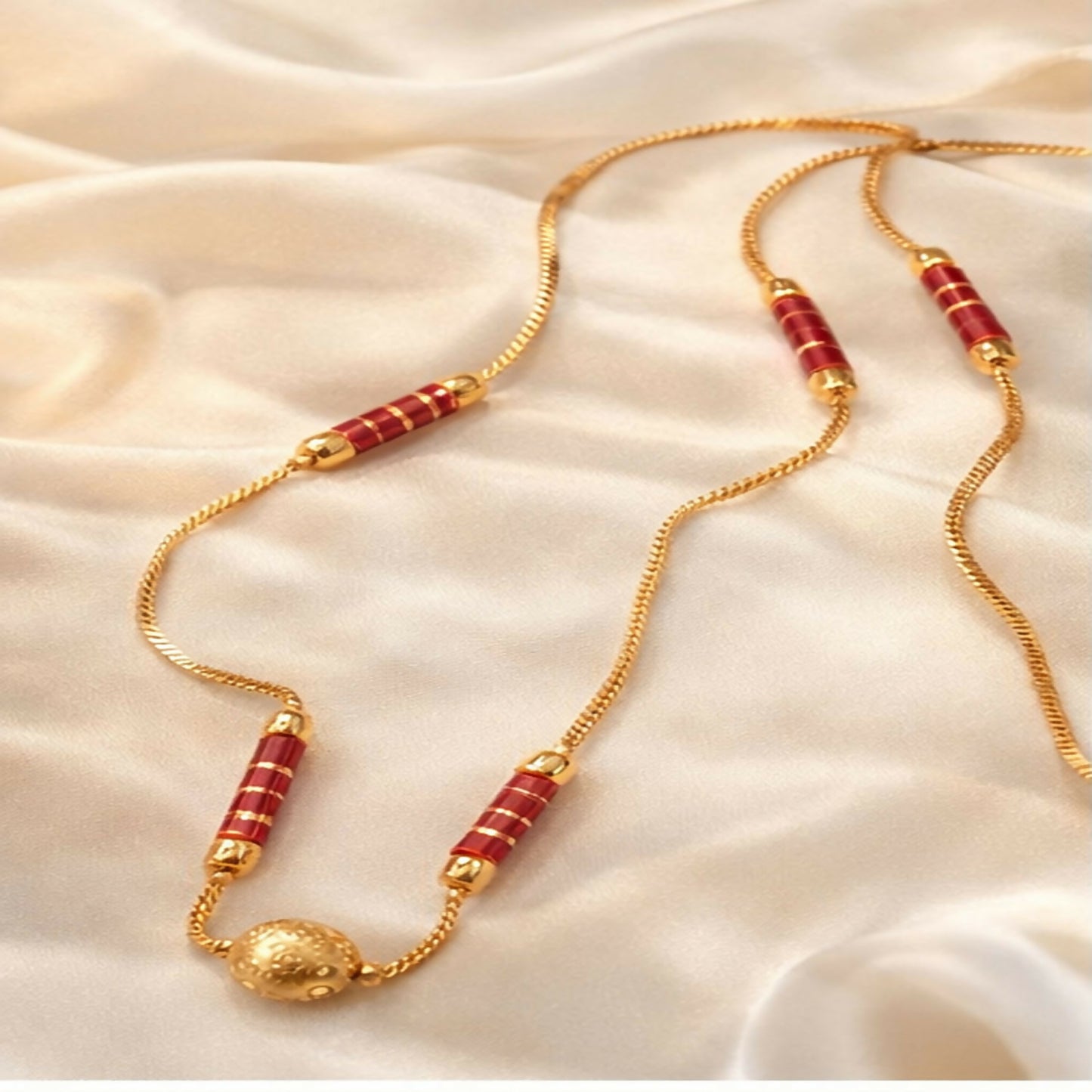 Elegant Gold Plated Designer Chain Necklace with Red Beads | Traditional & Daily Wear Necklace for Women