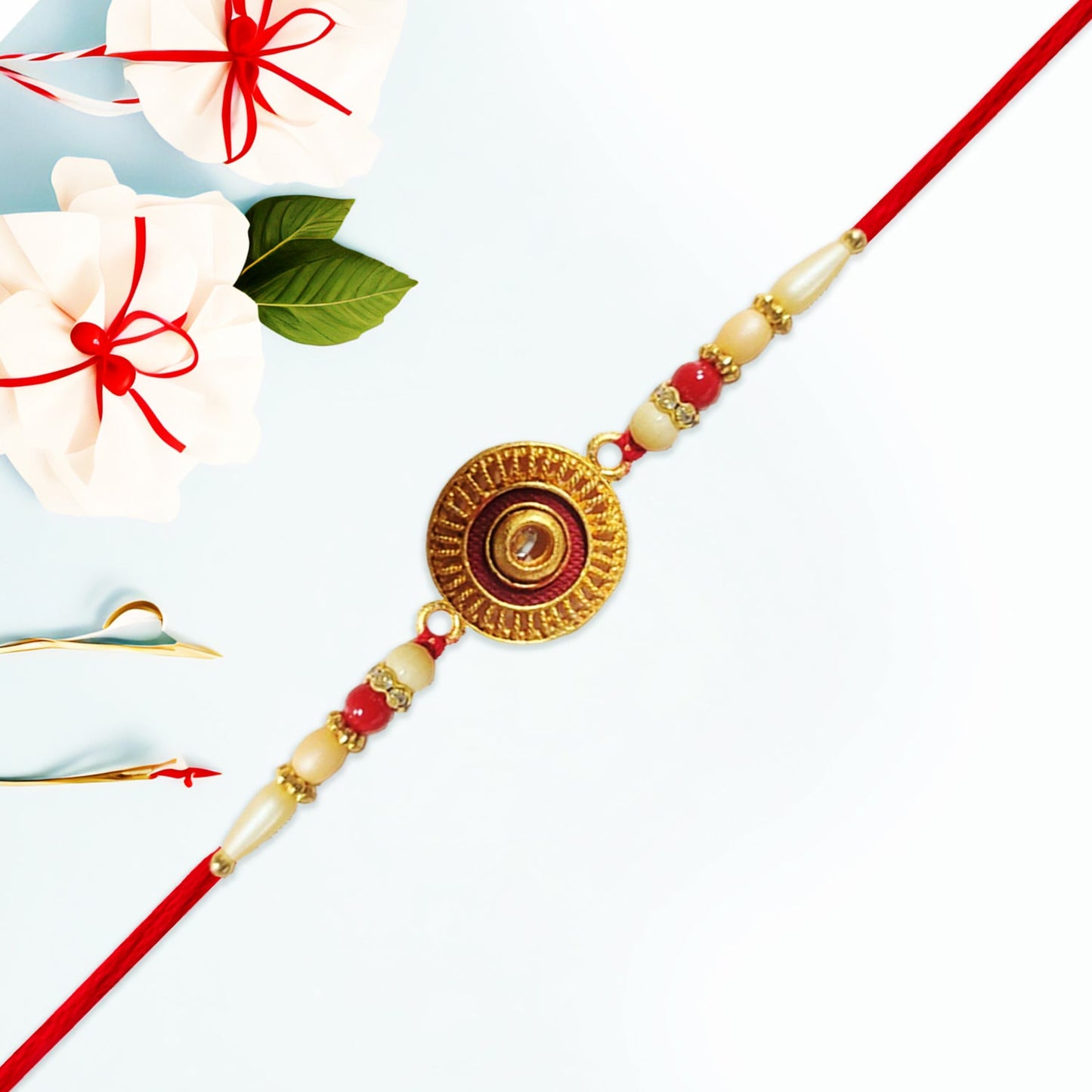 Traditional Round Rakhi with Pearl Beads for Rakshabandhan - Elegant and Festive (5pcs)