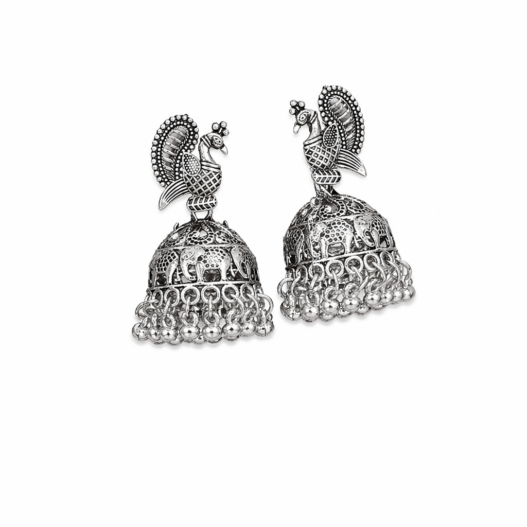 Traditional handcrafted peacock jhumka earrings in oxidised silver finish