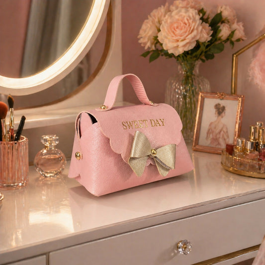 Pink mini handbag with bow design front view
