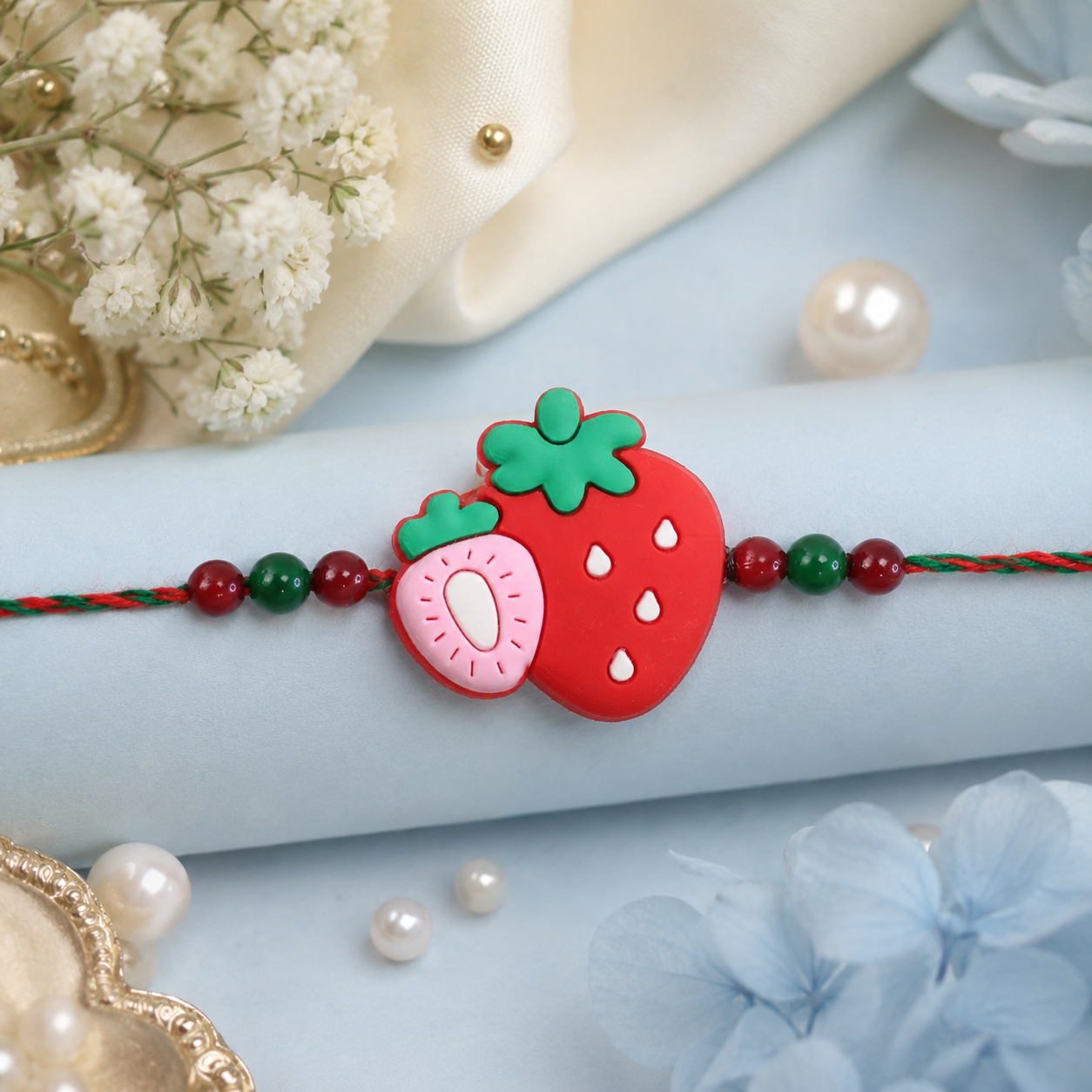 Strawberry Charm Kids Beaded Rakhi for Brother - Festive Design (5pcs)