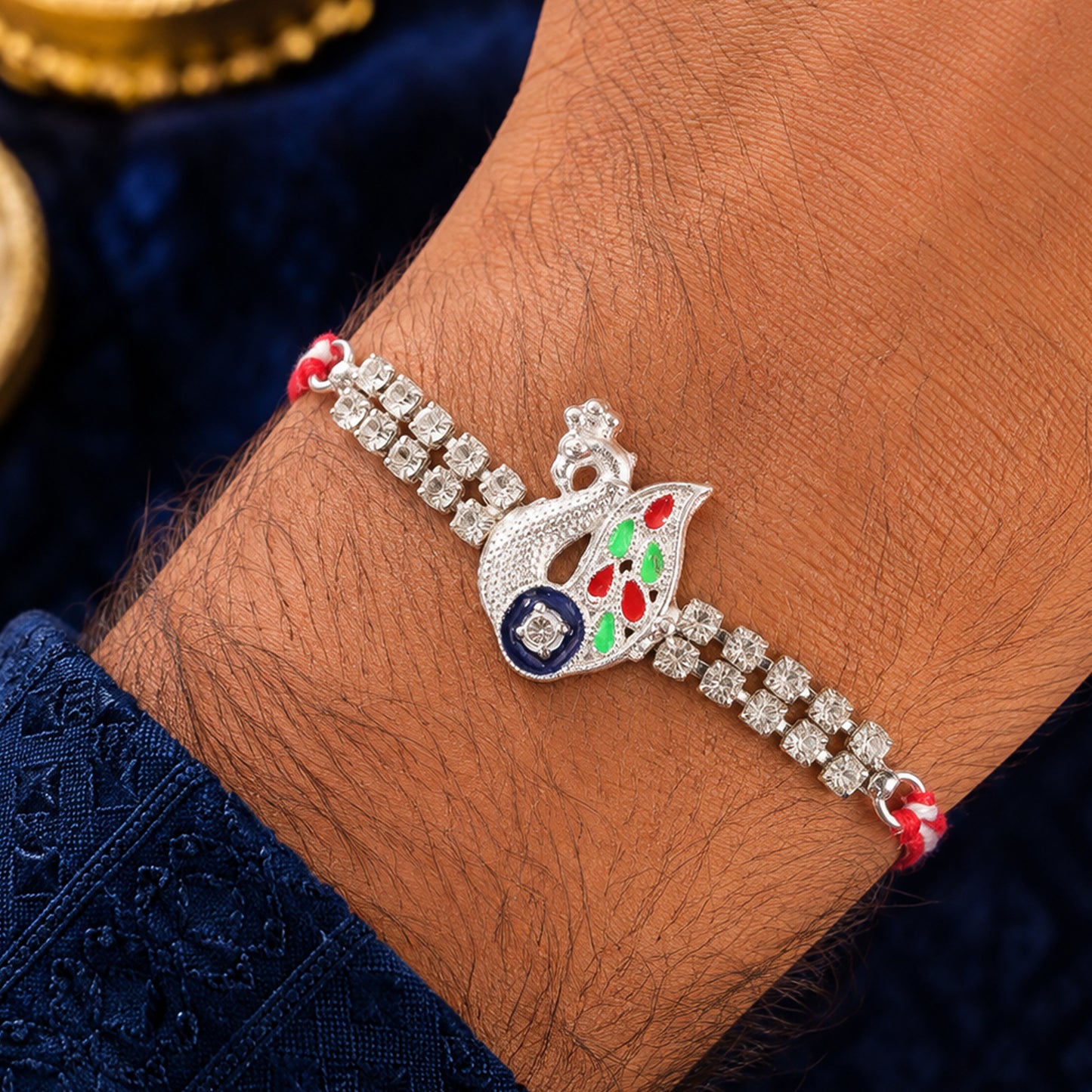 Silver-Toned Peacock Rakhi with Multicolor Enamel, Double Crystal Chain & Red Thread