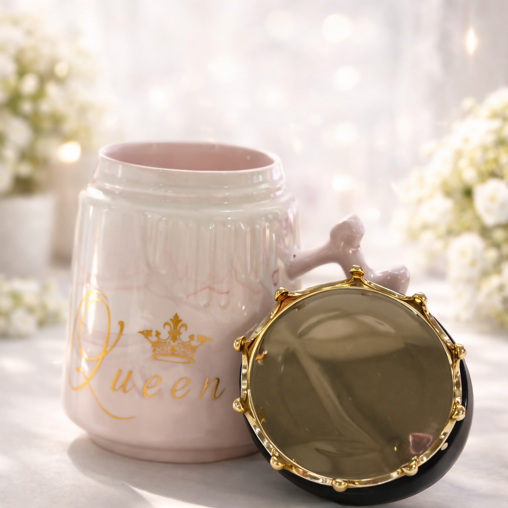Queen Crown Ceramic Mug with Lid | Luxury Coffee & Tea Mug | Pink