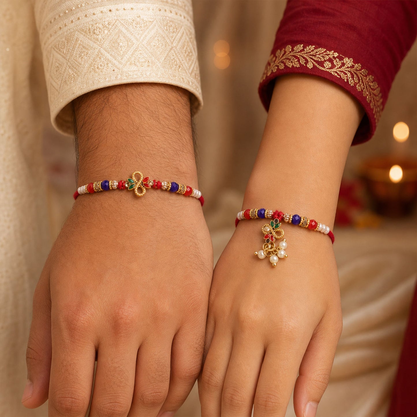 Divine Leaf Feather Motif Design Bhai Bhabhi Rakhi with Leaf Charm and Beads for Gift