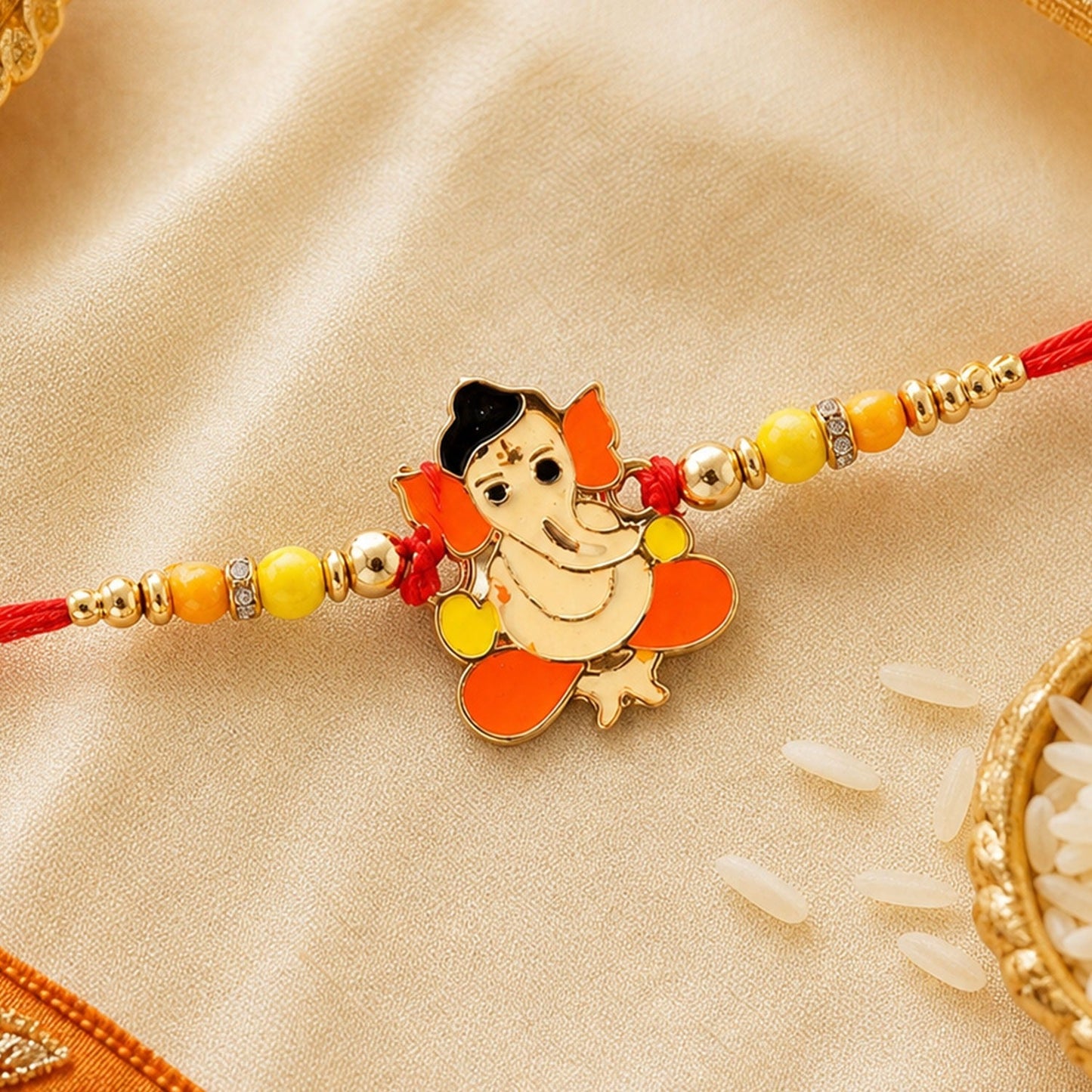 Bal Ganesha Rakhi Vibrant Orange-Green Beads & Red Thread (5pcs)