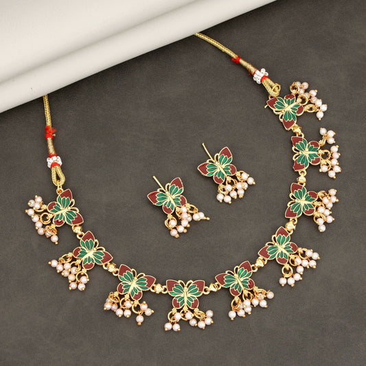 Gold-Plated Maroon & Green Enamel Butterfly Necklace Set with Pearl Drops