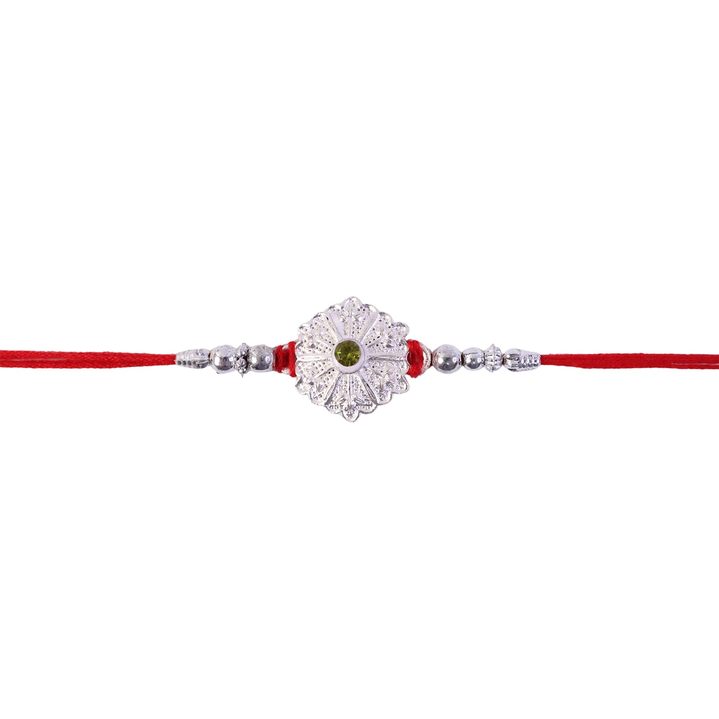 White Daisy Rakhi with Silver Beads and Soft Green Stone Center
