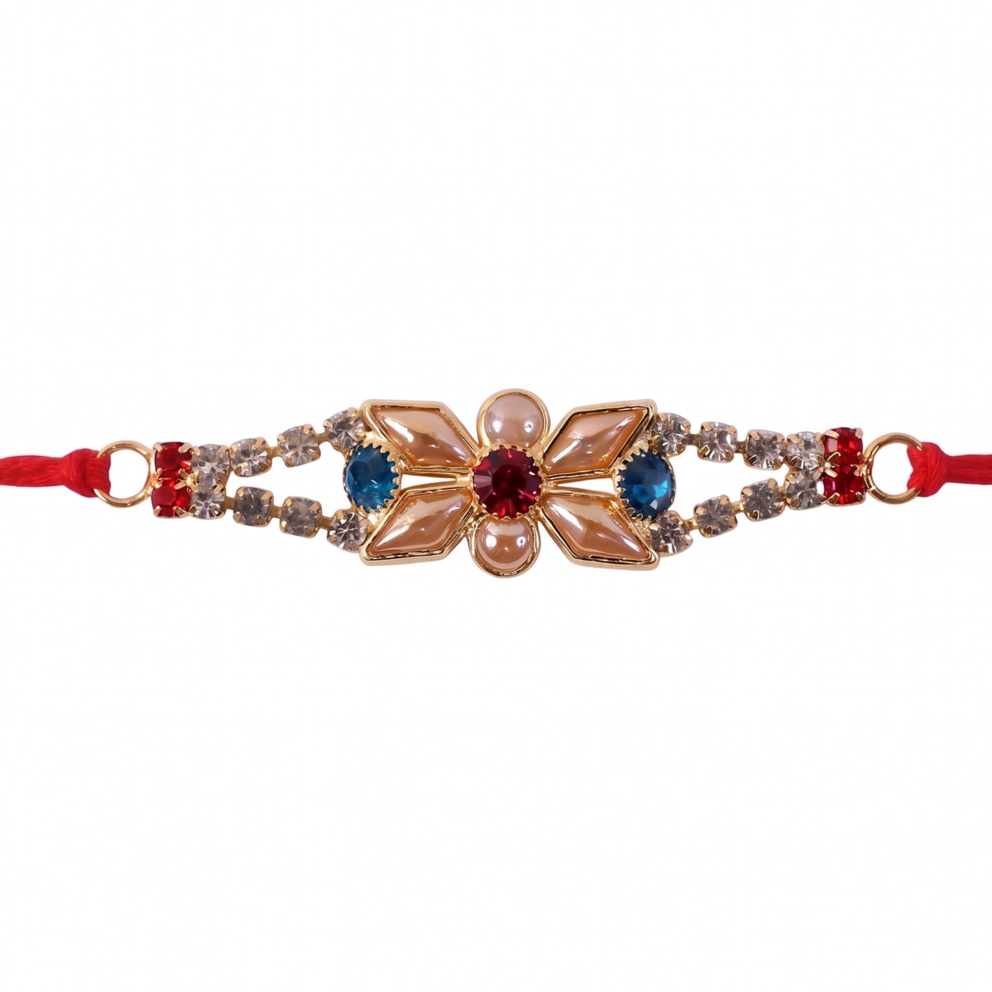 Pastel Floral Kundan Rakhi with Blue Stone and Pearl Center