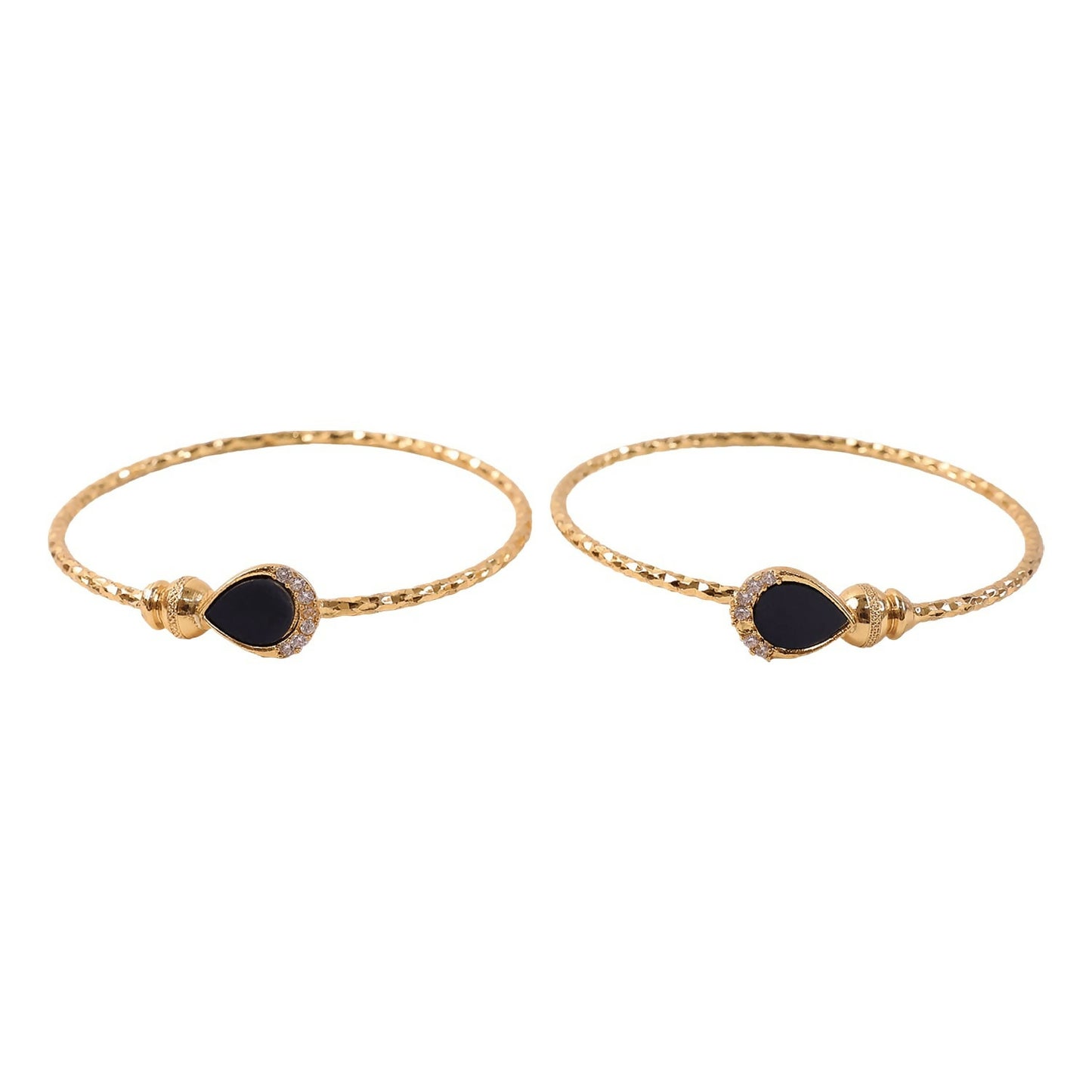 Pair of gold plated black stone bangles on white background