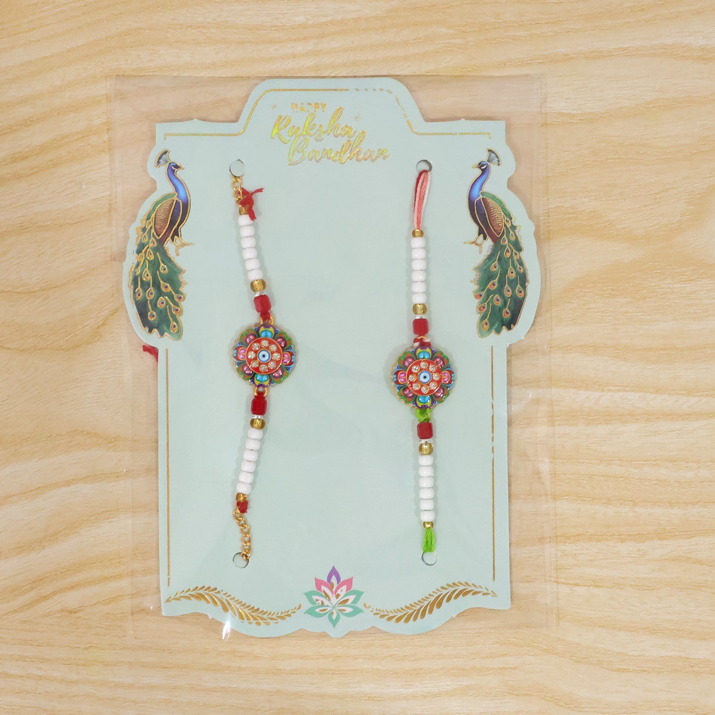 Round Floral Evil Eye Crystal Pearl Beads Bhai Bhabhi Rakhi Set