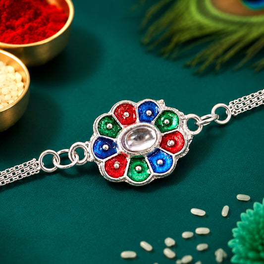 Colorful Petal Rakhi – Elegant Silver Chain for Raksha Bandhan
