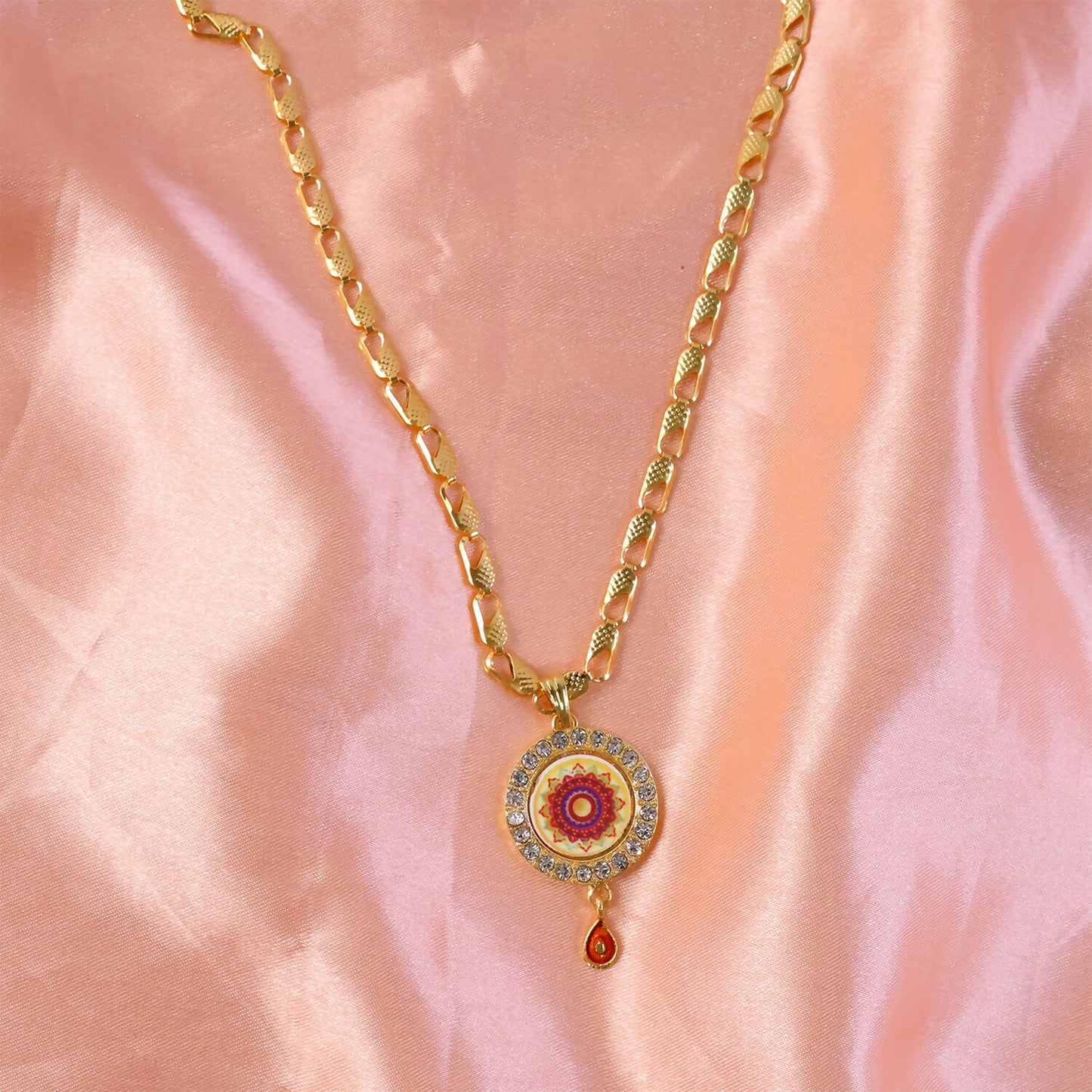 Gold Pendant Necklace with Mandala Design & Stone Detailing