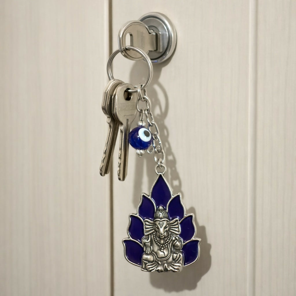 Ganesh Evil Eye Keychain with Blue Enamel for Car Keys & Bags