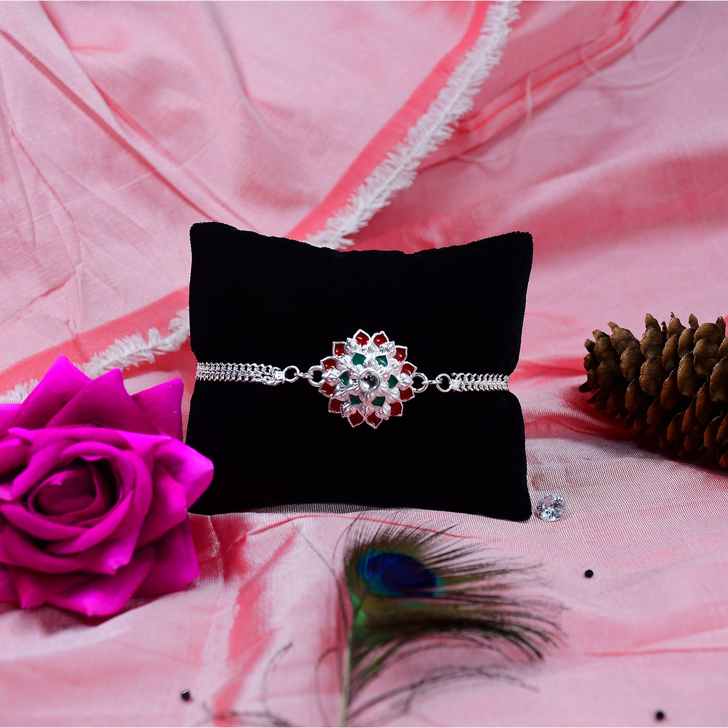 Round Shape Silver Chain Rakhi With Red-Green Accents