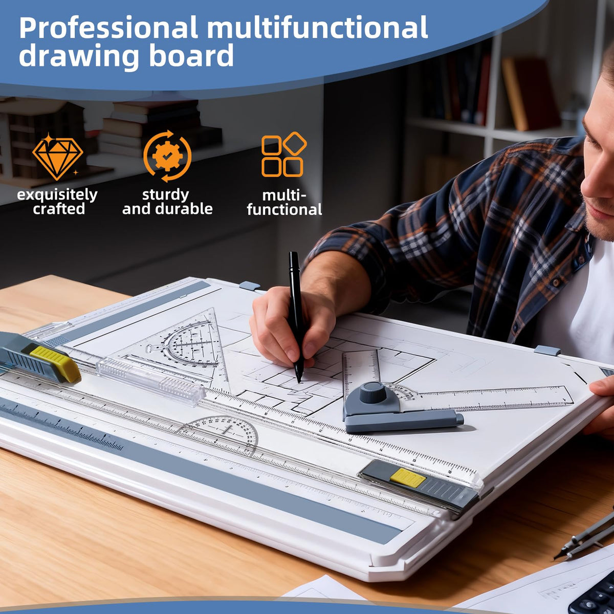 Side view of A3 drawing board with accessories for precise sketching and drafting.
