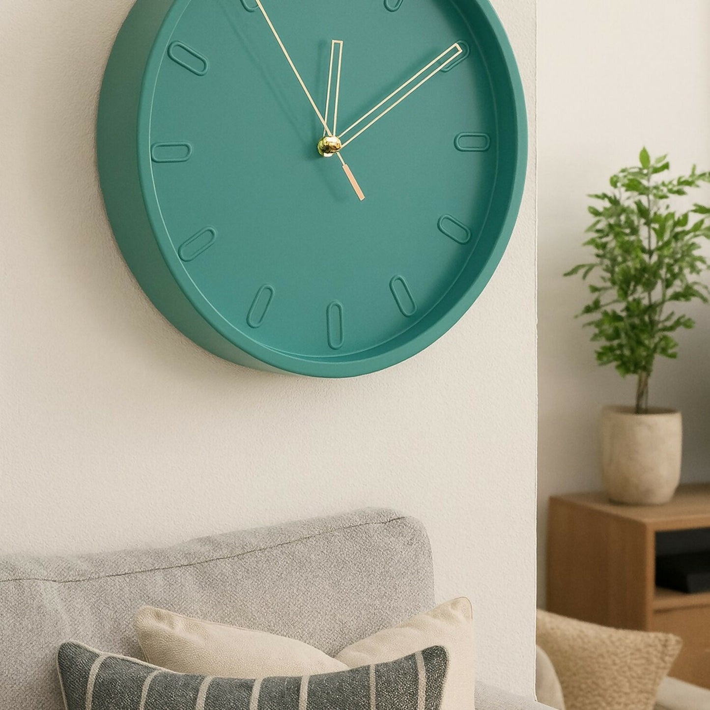 Modern Teal Wall Clock with Silent Sweep Movement – Round Decorative Wall Clock with Golden Hands, Stylish Minimalist Design, Battery Operated, Perfect for Home & Office Wall Décor (12 Inch)