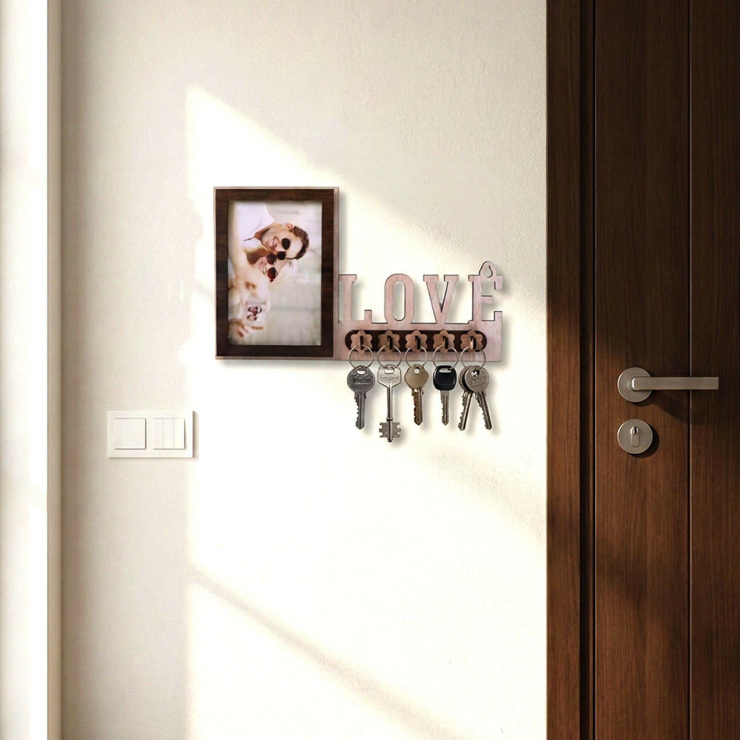 Wooden Photo Frame Key Holder with LOVE Cutout & 5 Hooks – 8 x 12 Inch